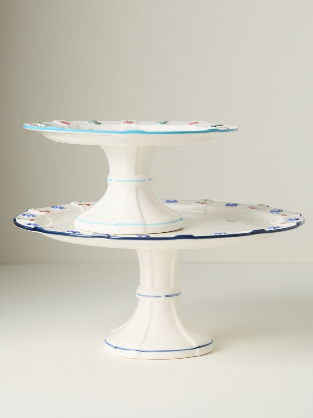 Anthropologie Tilly White Ceramic Two-Tier Cake Stand with Blue Trim-Cherries